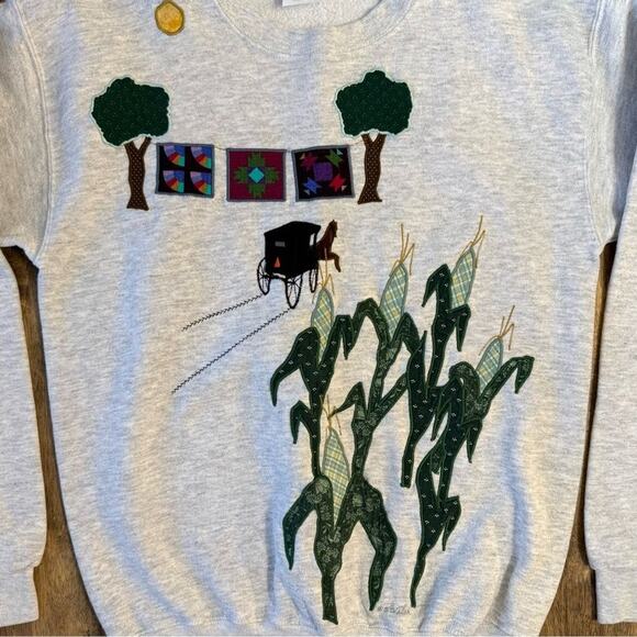 VTG Pastoral Amish Corn Quilt Santee Handmade Embroidered Sweatshirt Sz Unisex S - Picture 4 of 12